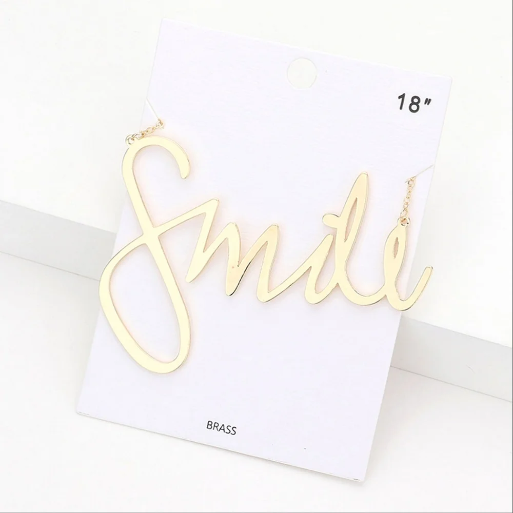Gold SMILE Word Pendant Statement Necklace Jewelry
